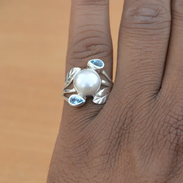 Wholesale Exquisite Collection Freshwater Pearl With Blue Topaz Multi Gemstone Solid 925 Sterling Silver Leaf Designer Band Ring