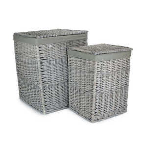 Double Tiers Grey Wash Square Willow Foldable Laundry <b>Basket</b> with Faux Leather Accents Grey Sage Liner for Cleaning Bathroom Use - Product Image 3
