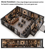 Ensemble de mobilier de restaurant avec banquettes et chaises en bois à dossier en rotin et tables noires pour café bistro