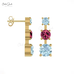 Wholesale Fine Jewelry Three Stone Bubbly Stud Earring 14K Solid Gold Earring Pink Tourmaline and Dual Aquamarine Earrings