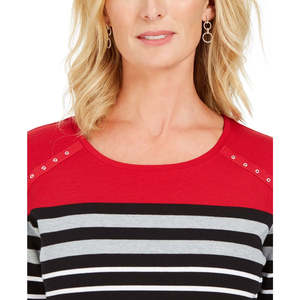 Top Sportivo da Donna Karen Scott Rosso Brillante Taglia Piccola con Strisce Bicolore e Occhielli in Tessuto Lavorato a Maglia - Product Image 3