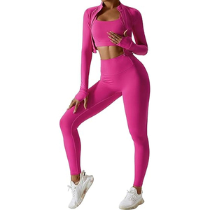 Conjunto de 3 piezas de yoga personalizado para mujer, sujetadores deportivos elegantes, pantalones de yoga de cintura alta, blusa transpirable, rendimiento de tela elástica - Product Image 4