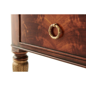 Flame Mahogany Wood Veneer Leather Rectangular Writing <b>Desk</b> <b>with</b> Five <b>Drawers</b> Brass Leaf Details 1-Year Warranty - Product Image 2