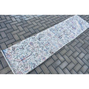 Vintage 2.1x8.5 ft <b>Rug</b>, <b>Runner</b> Turkish <b>Rug</b>, White Floral Wool <b>Rug</b> - Product Image 2