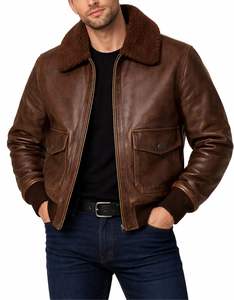 <b>Mens</b> Brown Genuine Leather Bomber <b>Jacket</b> with Shearling Collar Vintage Zip Up Winter Outerwear - Product Image 1