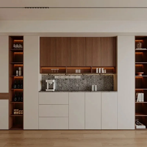 Armoire de rangement moderne en bois pour salle à manger avec éclairage LED chaud, plusieurs étagères, tiroirs, armoires fermées, design mural personnalisé - Product Image 1
