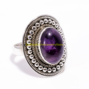 Bague en argent sterling 925 faite à la main avec un cabochon ovale en améthyste violette naturelle, style vintage ethnique bohème, pour femmes - Product Image 3
