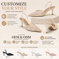 Sandales à talons slingback en crochet pour femmes, à bout pointu, en maille ajourée, avec bride élastique, dessus en PU, chaussures habillées, semelle antidérapante en TPR, vente en gros