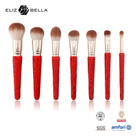 Ensemble de 10 pinceaux de maquillage avec manche en bois et strass rouges, poils synthétiques doux, virole dorée, pour fond de teint, blush et fard à paupières