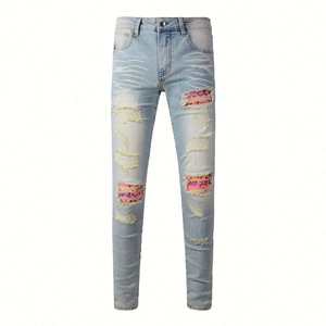 Venta al por mayor logotipo personalizado hombres Denim lágrimas pantalones desgastados estiramiento cintura alta Color sólido Skinny Jeans Denim hombres lápiz Pantalones - Product Image 6