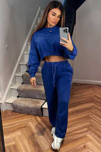 Unique Acid Washed Blue 2 Piece Women's Crop Jumper y Jogger Chándal Lounge Set Full Length Women's 2 Piece Jogger Sweat Set - Product Image 3