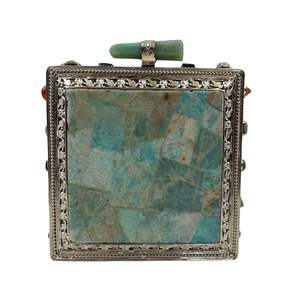 Pochette en mosaïque de pierres précieuses amazonite avec cadre argenté, sac à main de soirée de luxe pour femmes, design en incrustation de pierres naturelles - Product Image 1