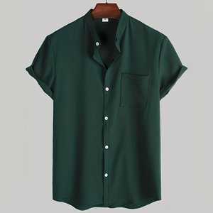 Chemise unie en tissu à manches courtes et col de camp ornée de vêtements d'été pour hommes non extensibles - Product Image 2