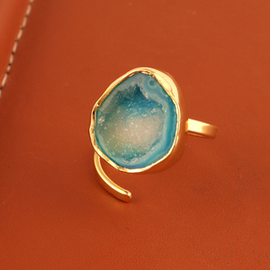 Bague de déclaration en pierre précieuse druzy, mode élégante, naturelle, bleu ciel, plaqué or, ouvert, réglable, bijoux pour femme - Product Image 2