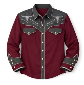 Camisa Vaquera Unisex de Manga Larga con Bordado Rodeo, Estilo Vintage Casual, Corte Ajustado, Ribete en Contraste, Personalizable OEM - Product Image 1