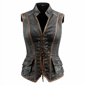 Chaleco de motorista con cremallera de cuero genuino para mujer, Chaleco de cuero con cremallera para motocicleta al aire libre, camisetas sin mangas de PU para mujer - Product Image 3