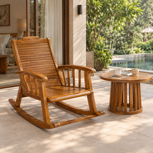 Silla Mecedora de Madera de Teca Sólida para Exteriores con Respaldo de Listones y Reposabrazos Curvos para Patio y Jardín - Product Image 6