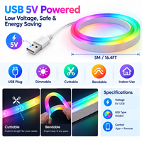 Bande lumineuse LED néon 5M (16,4FT) RGBIC intelligente avec synchronisation musicale via application, alimentation USB pour chambre, salle de jeux, rétroéclairage TV