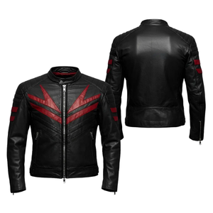 เสื้อแจ็กเก็ตมอเตอร์ไซด์หนังวัวสำหรับนักขี่มอเตอร์ไซค์สำหรับฤดูหนาวลายทางสีแดงใส่ได้ทั้งชายและหญิงมีเกราะป้องกันด้านใน - Product Image 1