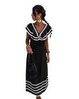 Vestido Midi Formal Boho con Cuello Cuadrado, Tejido Transpirable, Capa Transparente de Algodón, Ribete en Contraste, Sin Mangas, Ajustado, Color Sólido Natural