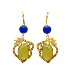 Nouvelles boucles d'oreilles pendantes dorées de créateur avec calcédoine bleue et pierre précieuse jaune Monalisa, en laiton, pour tous. - Product Image 1