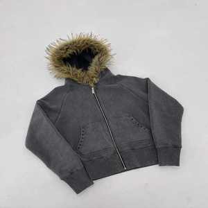 Fabricación personalizada de hombres de algodón pesado grueso francés Terry Baggy Stringless Faux Fur bordado de gran tamaño Zip up Hoodies con piel - Product Image 5