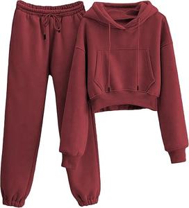 New Designs Two Pieces Hooded Solid Tracksuit Women's Set High Quality Crop Top Hoodies <b>Trousers</b> Custom logo Printed Labels - Product Image 3