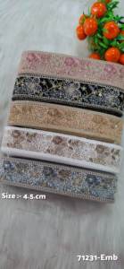 Custom made floral embroidered <b>laces</b> in 4.5 inch width with sequins work in five colour options for ladies wear and resale. - Product Image 2