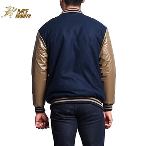 Veste universitaire bleue en cuir doré de qualité supérieure, à col montant, avec logo frontal personnalisé, vente en gros de haute qualité pour hommes - Product Image 2