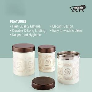 White <b>Warli</b> Print Metal Storage Jar Set Modern Ethnic Cylindrical Containers with Textured Lids - Product Image 5