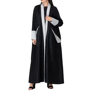 Donne all'ingrosso islamiche abaya abito musulmano OEM ODM dimensioni personalizzate logo abaya caftano toppe laterali turn sleeve cuff chiffon made