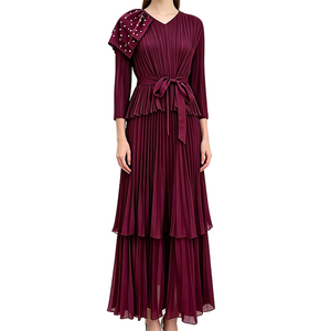 Nuovo Abito Lungo <span class=keywords><strong>da</strong></span> <span class=keywords><strong>Sera</strong></span> <span class=keywords><strong>da</strong></span> Donna Stile Europeo Americano Transfrontaliero Miyake Plus-Size a Maniche Lunghe con Scollo a V e Gonna a Strati - Product Image 1