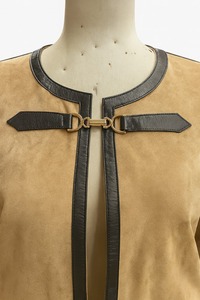 MEN'S CROSSROAD GOAT SUEDE CUROL & BROWN Motorcycle <b>Jacket</b> Celebrity Inspired Casual Outerwear Stand Collar Winter Front Logo - Product Image 2