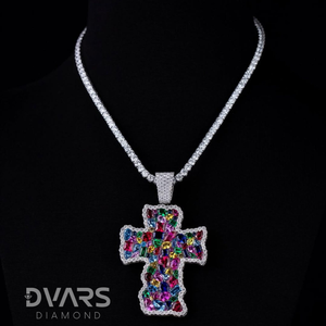 Nouveau style Pendentif croix en moissanite entièrement pavée micro-pavée, couleurs de taille mixte, en argent sterling, de luxe, style Hip Hop glacé - Product Image 5