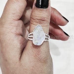 เครื่องประดับหินดิบแหวนสำหรับผู้หญิงแหวนพลอยมูนสโตนสีรุ้งธรรมชาติพลอยวงแหวนสำหรับ925แหวนเงินสเตอร์ลิง - Product Image 2