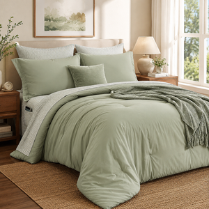 OEM Custom 7 Piece Bed in a Bag Comforter Set Sage <strong>Green</strong> <strong>Striped</strong> Microfiber <strong>Bedding</strong> with Sheets and Pillow Shams - Product Image 1
