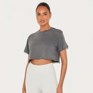 Nueva llegada de logotipo personalizado algodón carbón de gran tamaño Crop camiseta suave ligero Fitness gimnasio entrenamiento Sexy Crop Top para mujeres - Product Image 1