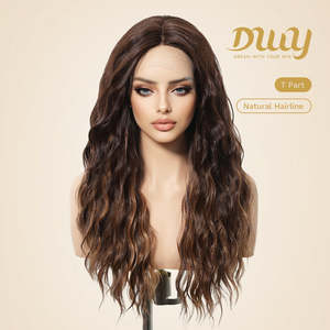 DWY High Quality T-Part <b>Lace</b> <b>Wig</b> Brown Mixed Synthetic Hair with Light Brown <b>Lace</b> Long Curly Style" - Product Image 2