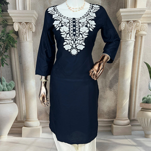 Kurti pour femmes de luxe Unity Luxure, tissu en crêpe doux de qualité supérieure avec broderie élégante en fil blanc - Product Image 1