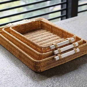 Plateau rond en rotin tissé à la main, écologique et de qualité supérieure, provenant du Vietnam, design créatif, poignées en forme d'anneau, multifonctionnel, pour bureau, garage, décoration de la maison - Product Image 1