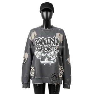 Sweat-shirt oversize en tissu délavé en coton polaire de couleur grise avec logo personnalisé imprimé bouffant Sweatshirts respirants pour femmes - Product Image 5