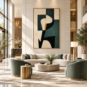Grande œuvre d'art murale peinte à la main, vert foncé beige, géométrique abstrait, toile à l'huile, minimaliste moderne, décoration intérieure pour salon et hôtel - Product Image 2