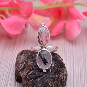 Anillo de dedo de Plata de Ley 925 para niña, 12x9mm, piedra preciosa ovalada doble, cuarzo rutilo negro, Gms 5,22, ajuste de bisel de regalo de Navidad - Product Image 2