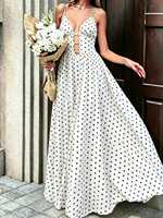 Robe longue décontractée pour femme à pois naturels, coupe trapèze, bretelles spaghetti, décolleté en V profond, détails perles, respirante, fluide et ample