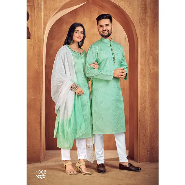 Kurta e Kurti per coppia Twining questa stagione per uomini e donne abbigliamento casual e festivo a prezzo all'ingrosso dall'india