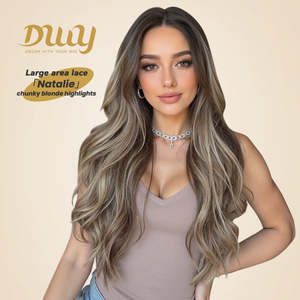 Natalie H -DWY Perruque Synthétique Longue Marron Ombré Sans Colle 13x6 Lace Frontale Transparente à Raie Libre - Product Image 1