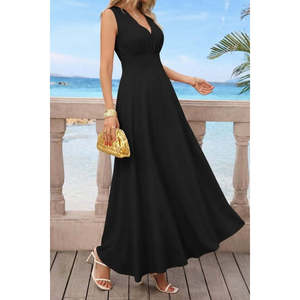 Women's Strappy V-Neck Long Imported Crepe Dress with Waist <b>Corset</b> Detail 35876-<b>Black</b> by Jane's - Product Image 4