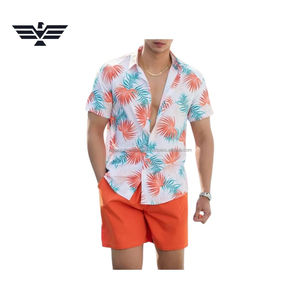 Conjunto de Camisa y Pantalones Cortos Ligeros con Estampado Tropical para Hombre, Atuendo Casual de Playa para Verano con Logotipo Frontal y Pantalones Cortos de Colores - Product Image 5