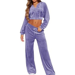 Custom <b>Velour</b> Jogging Purple Color Cropped Top Yoga Wears <b>Velour</b> <b>Tracksuits</b> Breathable Outerwear Winter Warm Girls Velvet Suits - Product Image 1
