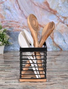 Iron & Acacia Wood Fork, Knife and <b>Spoon</b> holder Metal Iron cutlery holder Wooden Cutlery holder for dining <b>table</b> cutlery stand - Product Image 4